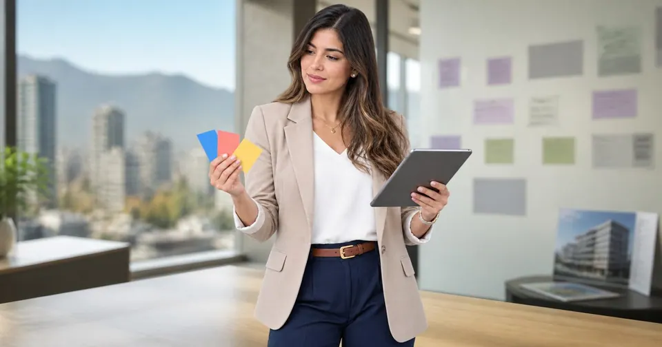 Analista inmobiliaria chilena revisa una tablet y clasifica tarjetas de información comercial