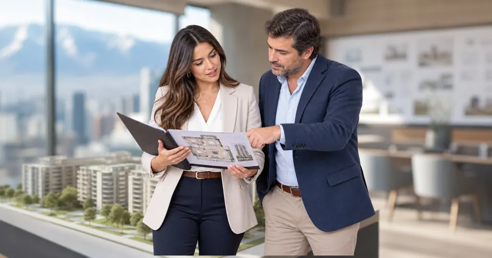 Dos profesionales inmobiliarios chilenos revisan un plano de departamentos frente a una maqueta de proyecto