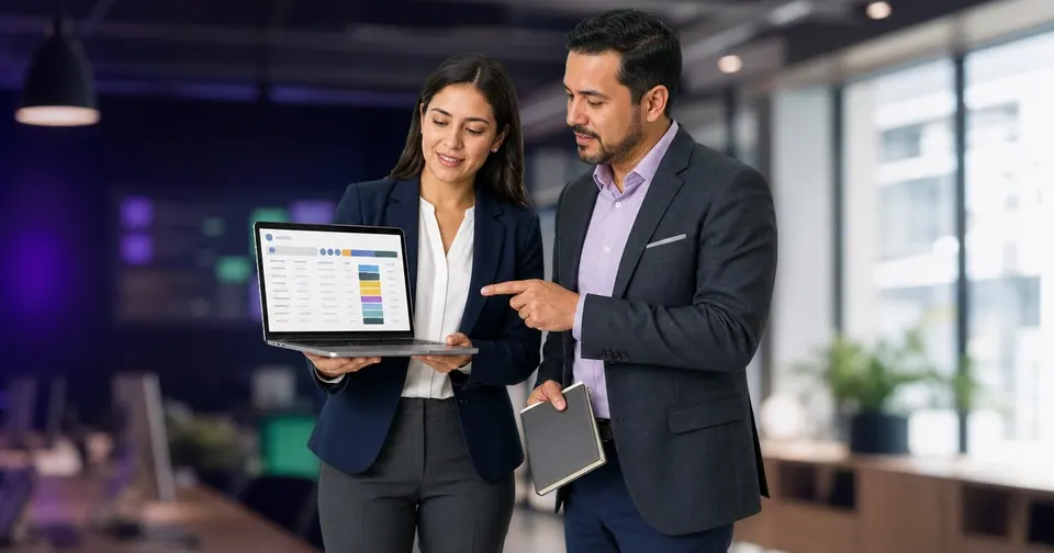 Dos profesionales organizan oportunidades y seguimientos comerciales en un CRM desde un notebook