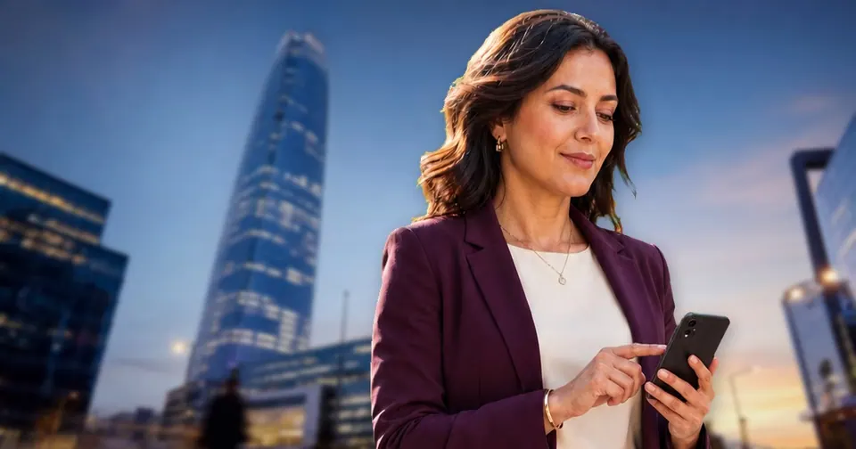 Empresaria chilena realiza un prediagnóstico digital desde su celular frente a un distrito corporativo de Santiago