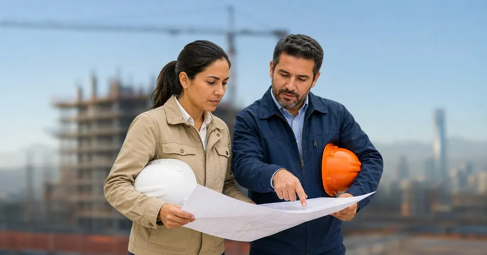 Dos profesionales chilenos analizan un plano para detectar un proyecto de construcción.