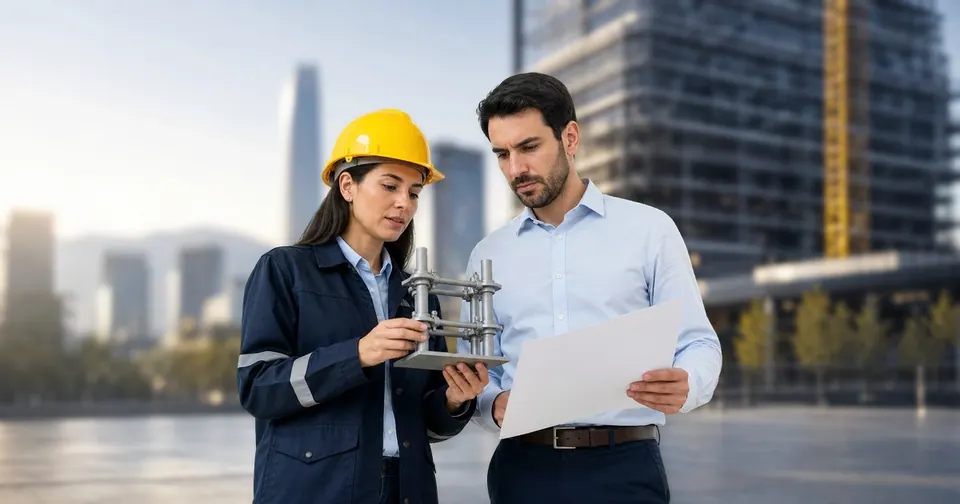 Ingeniera chilena y comprador técnico revisan una solución de andamios.