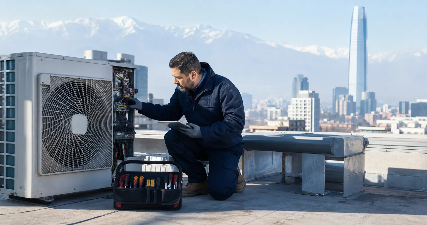 Técnico de climatización revisando un equipo en una azotea de Santiago.
