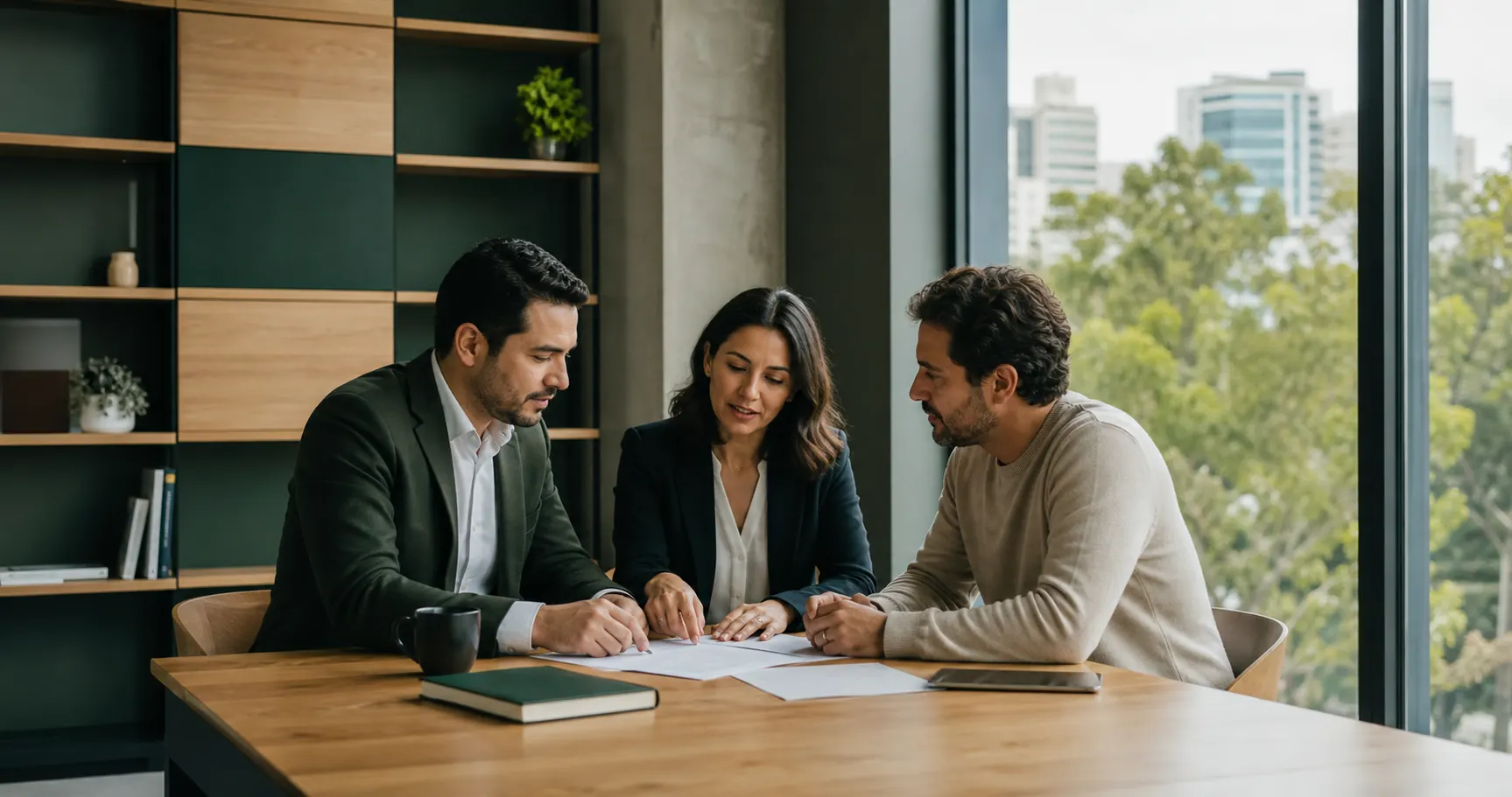Asesores contables reunidos con el dueño de una empresa.