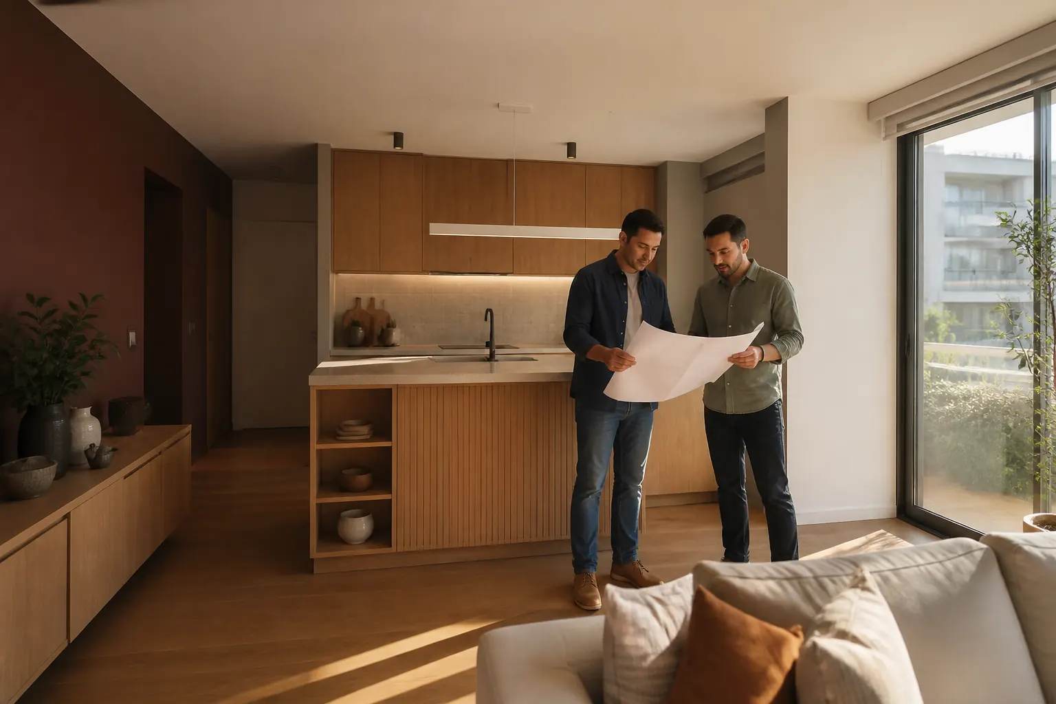 Contratista y cliente revisando planos en un departamento remodelado.