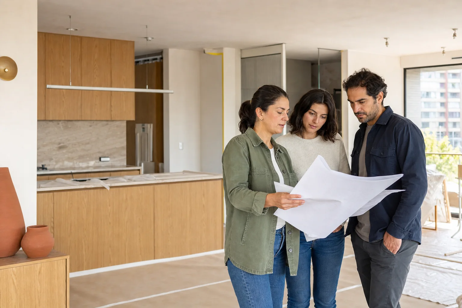 Directora de obra de Raíz Obra revisando planos con los propietarios de un departamento remodelado.