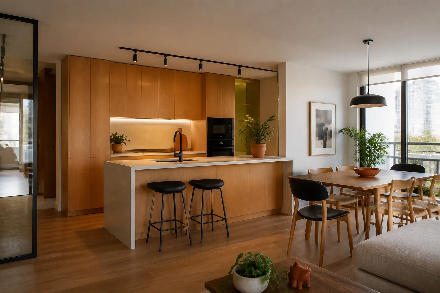 Cocina integrada remodelada por Raíz Obra en Ñuñoa.