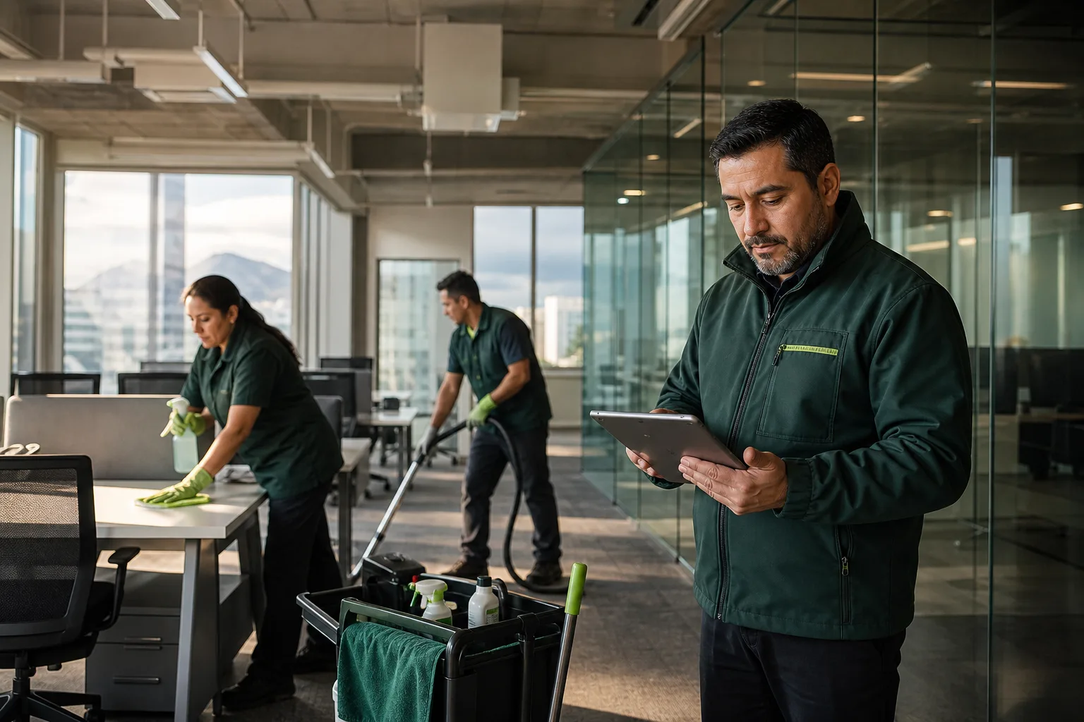 Supervisor de Turno Limpio revisando en una tablet el trabajo de un equipo de aseo corporativo.