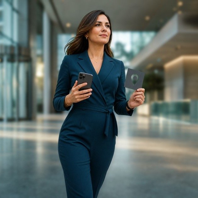 Profesional de limpieza corporativa gestiona una consulta digital.