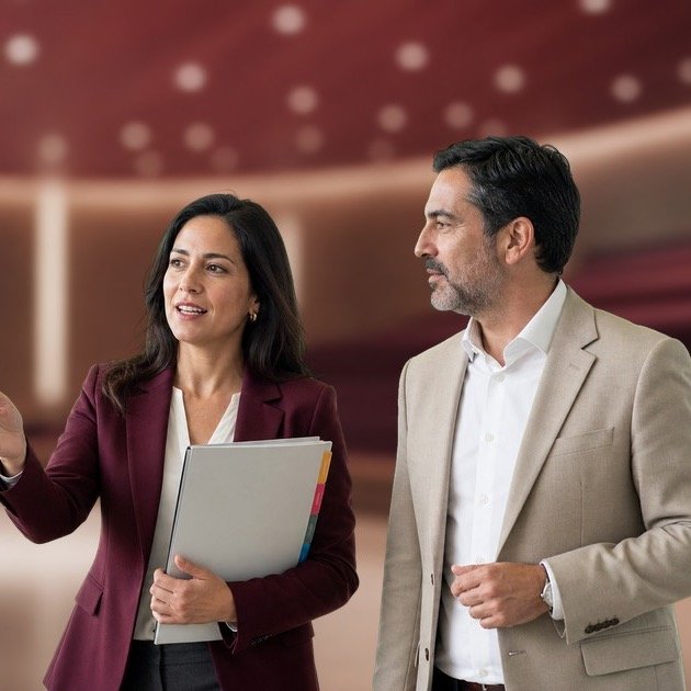 Especialista de capacitación conversa con un decisor de empresa.